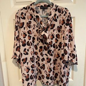 Eloquii Leopard Print Tie-Neck Blouse in Pink and Brown